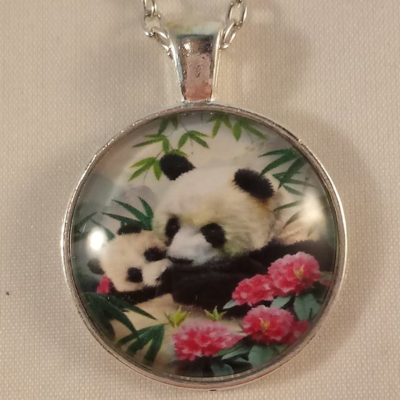 Silver Panda Bears Art Cabochon Pendant Necklace 20" Chain Party Gift - Picture 1 of 3